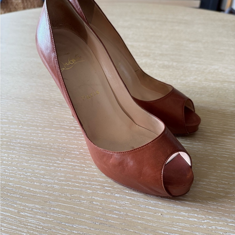Christian Louboutin Tan Peep Toe Heels